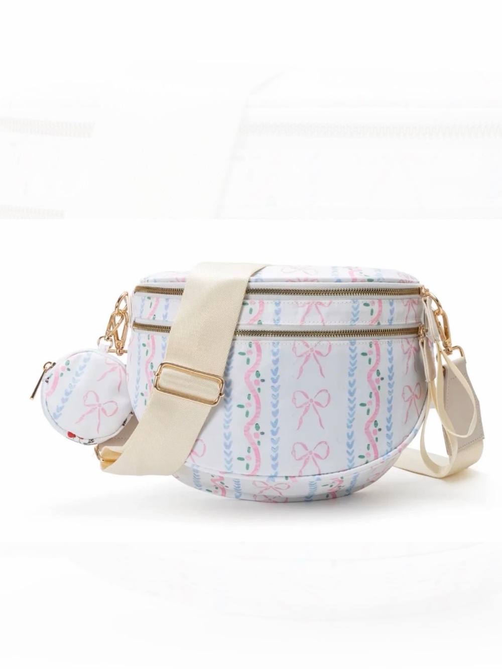 Women's Pastel Bow Pattern Crossbody Bag - Beige Strap
